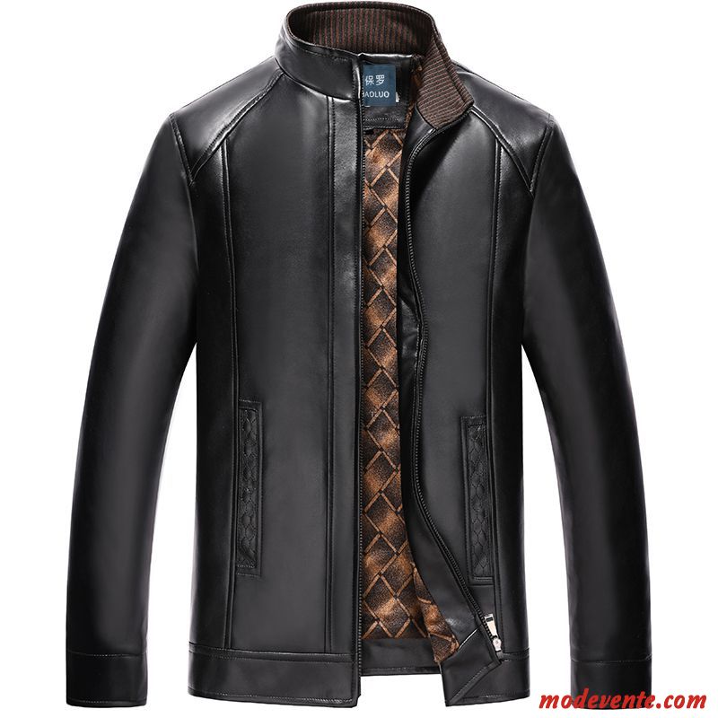 Veste En Cuir Homme Mince Col Mandarin Vêtements D'hiver Manteau L'automne Plus De Velours Noir