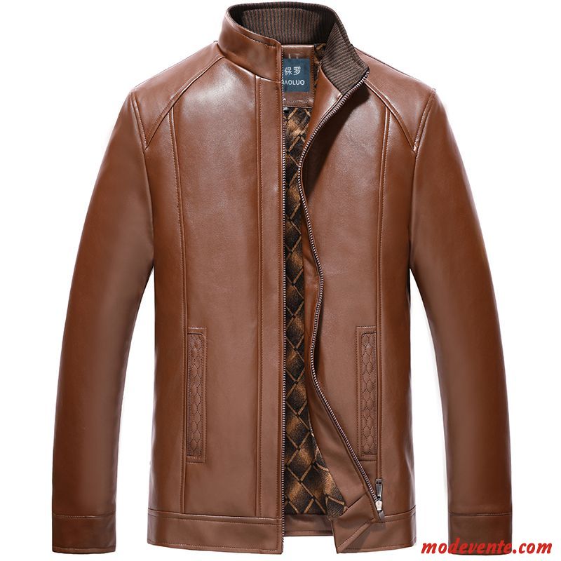 Veste En Cuir Homme Mince Col Mandarin Vêtements D'hiver Manteau L'automne Plus De Velours Noir