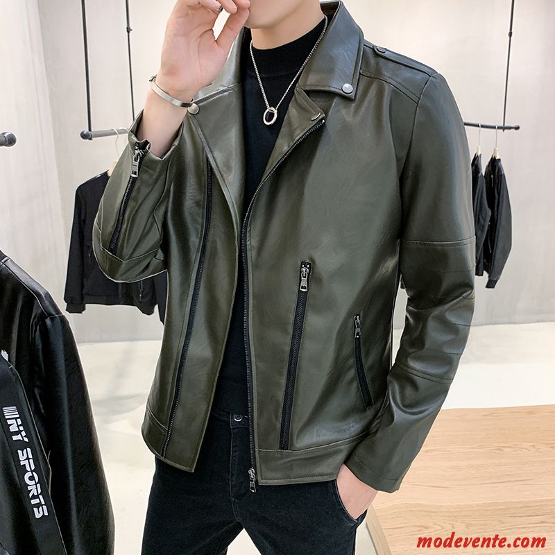 Veste En Cuir Homme Personnalité Beau L'automne Tendance Revers Roulé Vestes En Cuir Vert