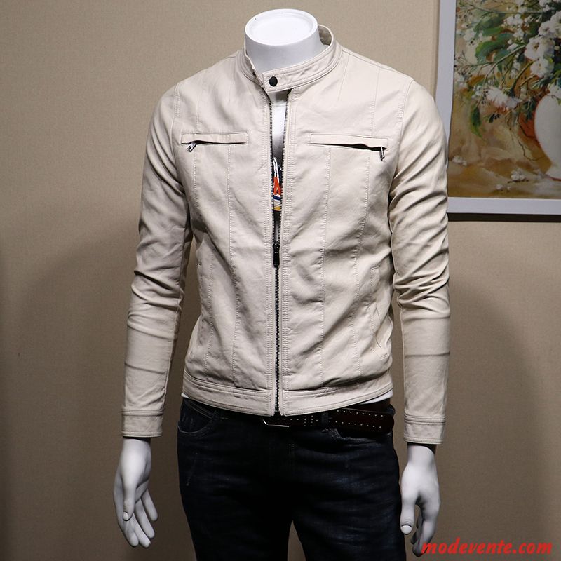 Veste En Cuir Homme Personnalité Tendance L'automne Jeunesse Étudiant Beau Blanc