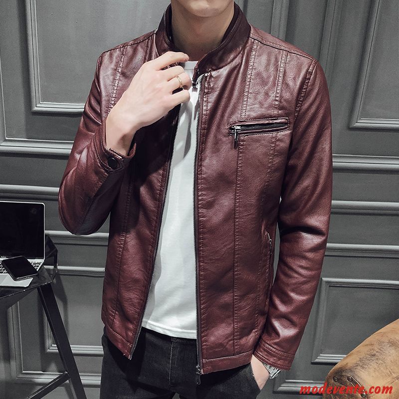 Veste En Cuir Homme Printemps Légère Tendance L'automne Vestes En Cuir Slim Rouge