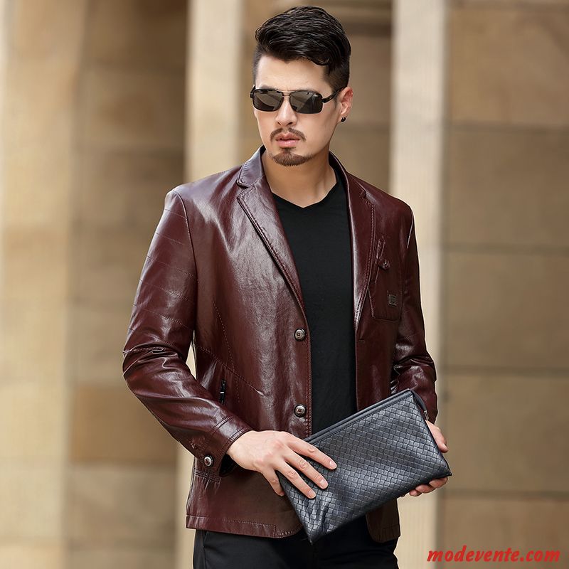 Veste En Cuir Homme Printemps Slim Vestes En Cuir L'automne Manteau Âge Moyen Noir