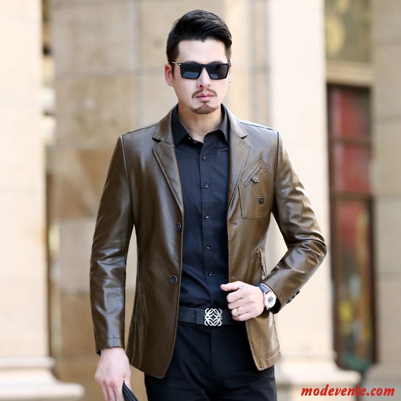 Veste En Cuir Homme Printemps Slim Vestes En Cuir L'automne Manteau Âge Moyen Noir