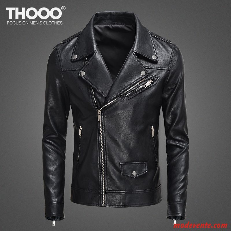 Veste En Cuir Homme Slim Revers Roulé Vêtements Moto Personnalité Jeunesse Vestes En Cuir Noir