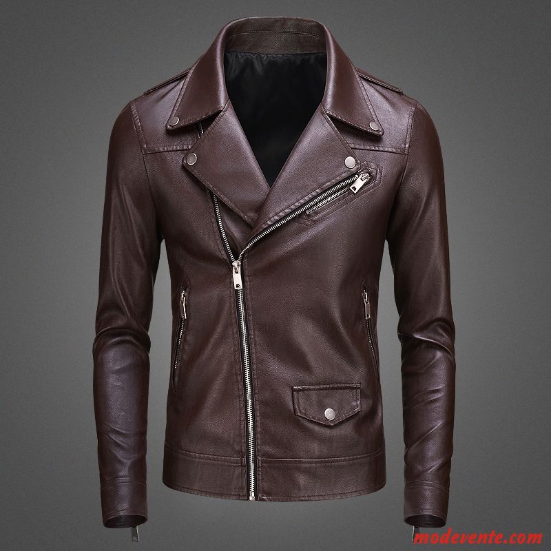 Veste En Cuir Homme Slim Revers Roulé Vêtements Moto Personnalité Jeunesse Vestes En Cuir Noir