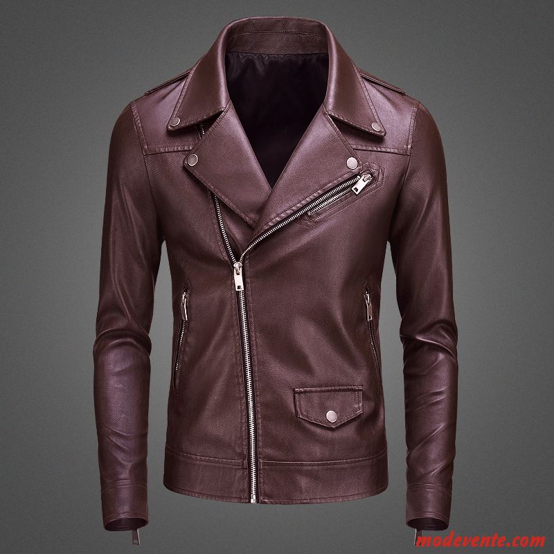 Veste En Cuir Homme Slim Revers Roulé Vêtements Moto Personnalité Jeunesse Vestes En Cuir Noir