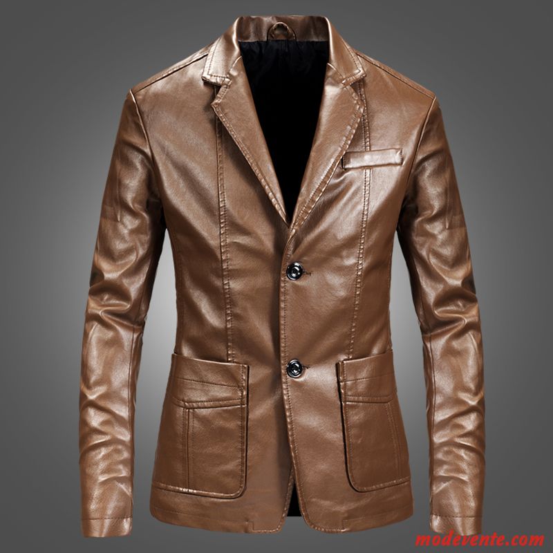 Veste En Cuir Homme Slim Vêtements Moto Vestes En Cuir Légère L'automne Beau Marron