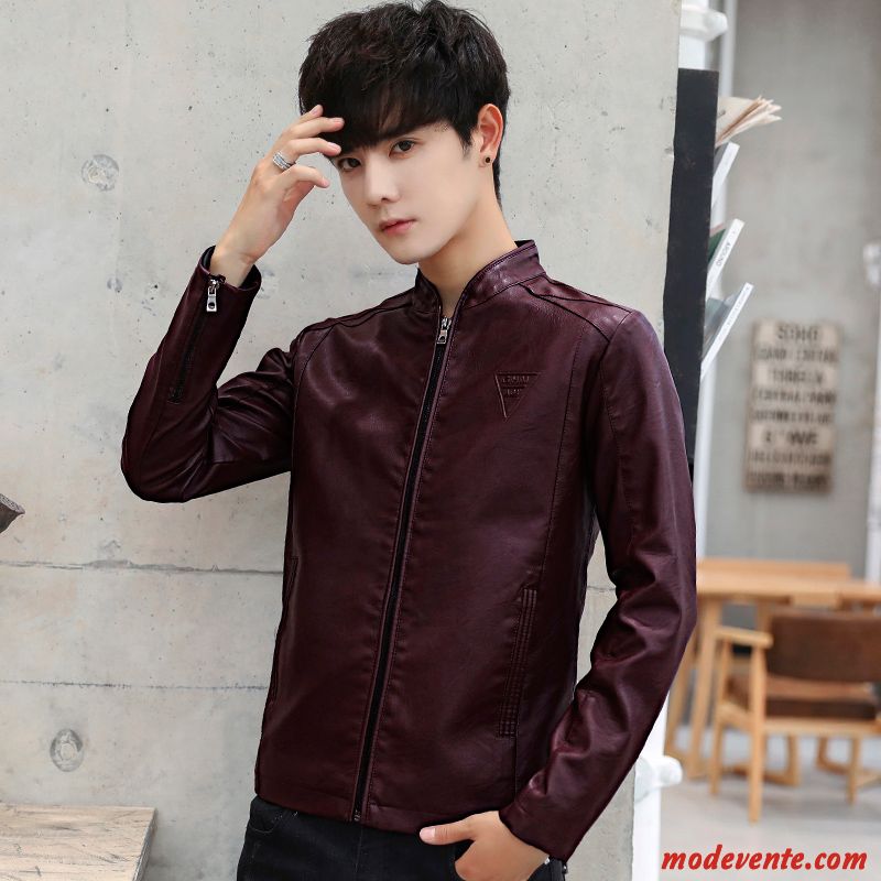 Veste En Cuir Homme Tendance Hiver Jeunesse Décontractée Slim Beau Bordeaux