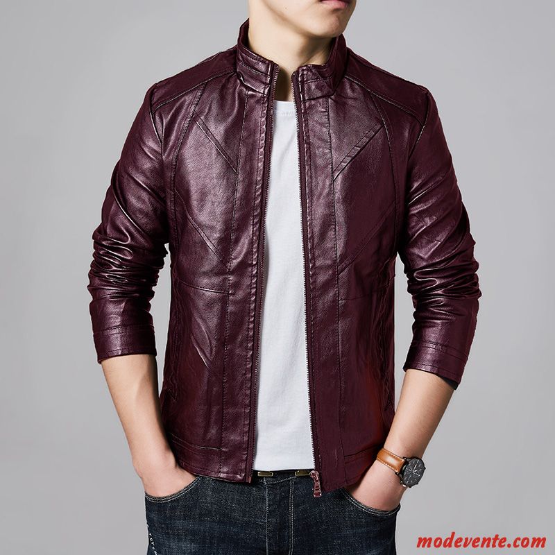 Veste En Cuir Homme Tendance Slim Légère L'automne Vêtements Moto Beau Rouge