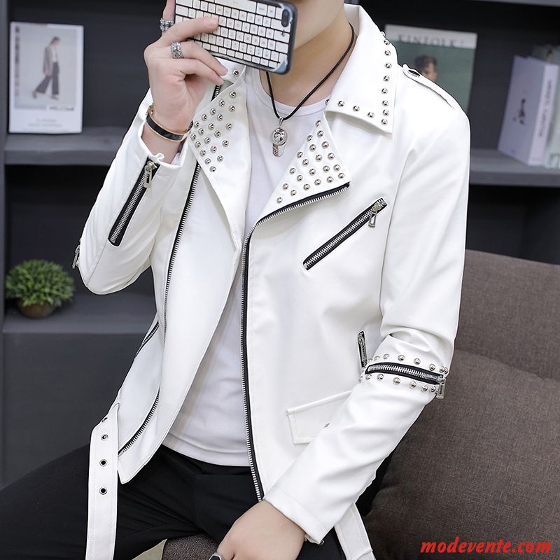 Veste En Cuir Homme Tendance Vêtements Moto Beau Hiver Rivet L'automne Blanc