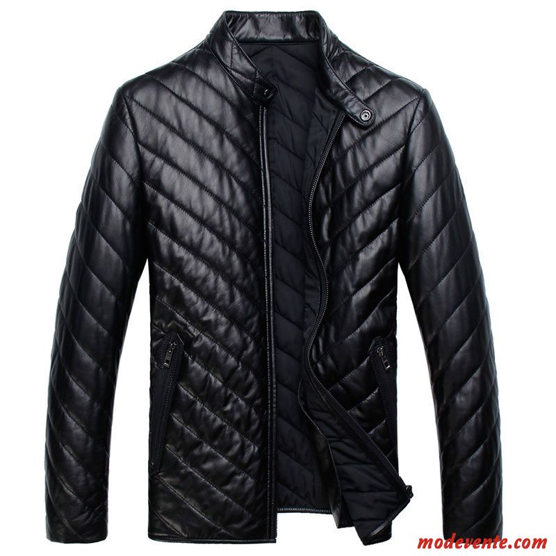 Veste En Cuir Homme Vestes En Cuir Clearance À Vendre Doudoune Cuir Véritable Offre Spéciale Col Mandarin Noir