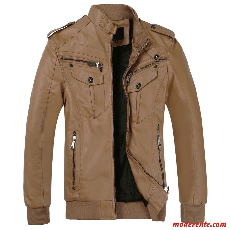 Veste En Cuir Homme Vestes En Cuir Âge Moyen Plus De Velours Vêtements Moto Court Hiver Noir