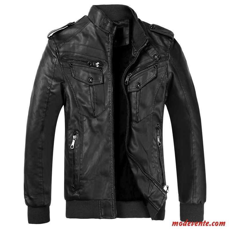 Veste En Cuir Homme Vestes En Cuir Âge Moyen Plus De Velours Vêtements Moto Court Hiver Noir