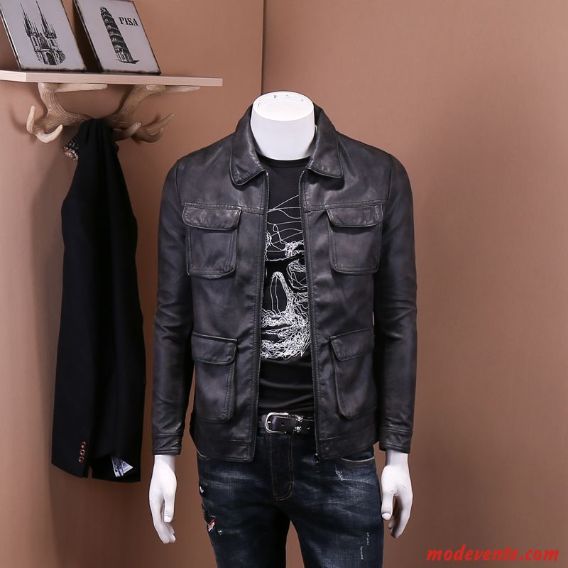 Veste En Cuir Homme Vintage Printemps Jeunesse Revers Roulé Multi-poche Manteau Marron