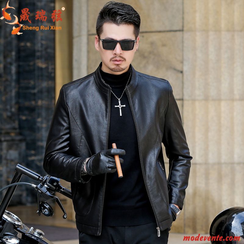 Veste En Cuir Homme Âge Moyen Vêtements Moto L'automne Tendance Col Mandarin Blouson