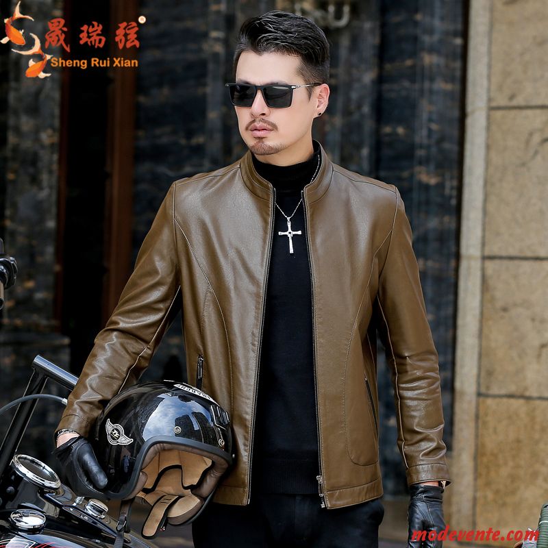 Veste En Cuir Homme Âge Moyen Vêtements Moto L'automne Tendance Col Mandarin Blouson