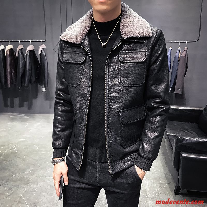 Veste En Cuir Homme Âge Moyen Épaissir Hiver Tendance Plus De Velours Slim Noir