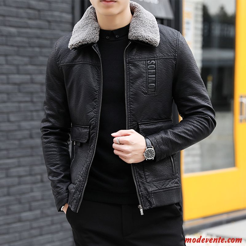 Veste En Cuir Homme Âge Moyen Épaissir Hiver Tendance Plus De Velours Slim Noir