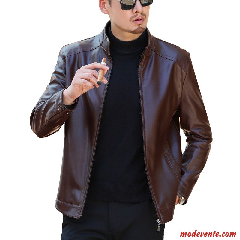 Veste En Cuir Homme Épaissir Revers Roulé Vêtements D'hiver L'automne Vestes En Cuir Plus De Velours Marron