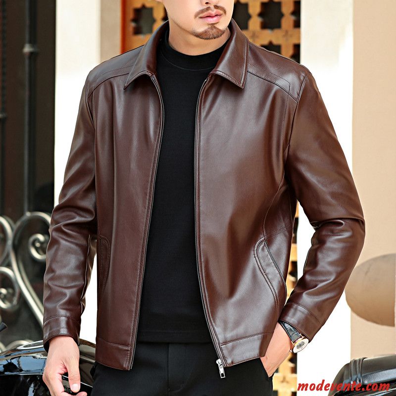 Veste En Cuir Homme Épaissir Revers Roulé Vêtements D'hiver L'automne Vestes En Cuir Plus De Velours Marron