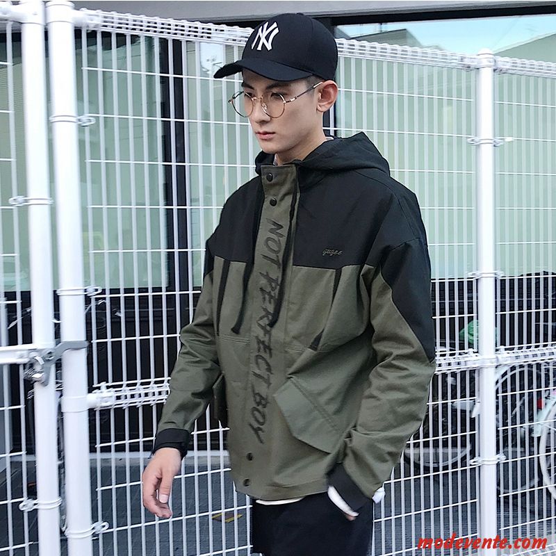 Veste Homme Capuche Une Veste Marque De Tendance Baggy Manteau Jeunesse Couleurs Mixtes Impression Vert