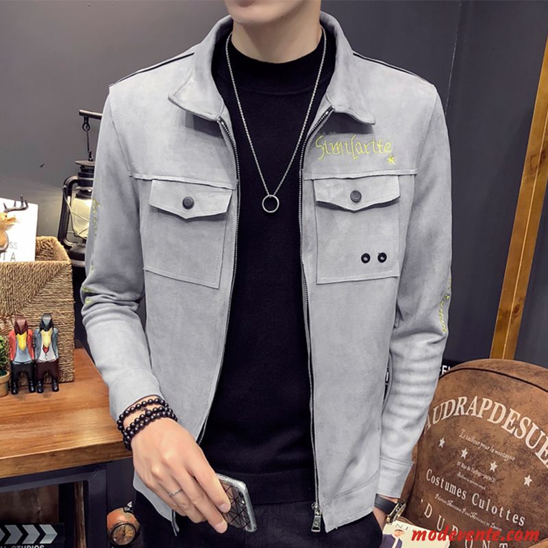 Veste Homme Printemps Beau Manteau L'automne Cuir Suède Tendance Gris