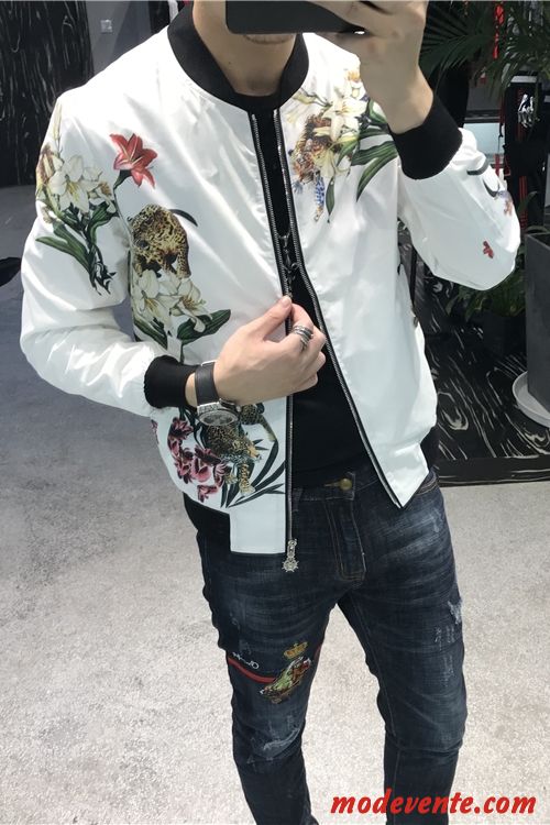 Veste Homme Sport Fleurs Slim Personnalité Décontractée Beau Impression Blanc