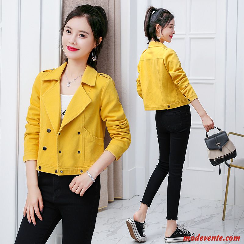 Vestes Femme Rétro Denim Blouson Mince Printemps Manteau Jaune