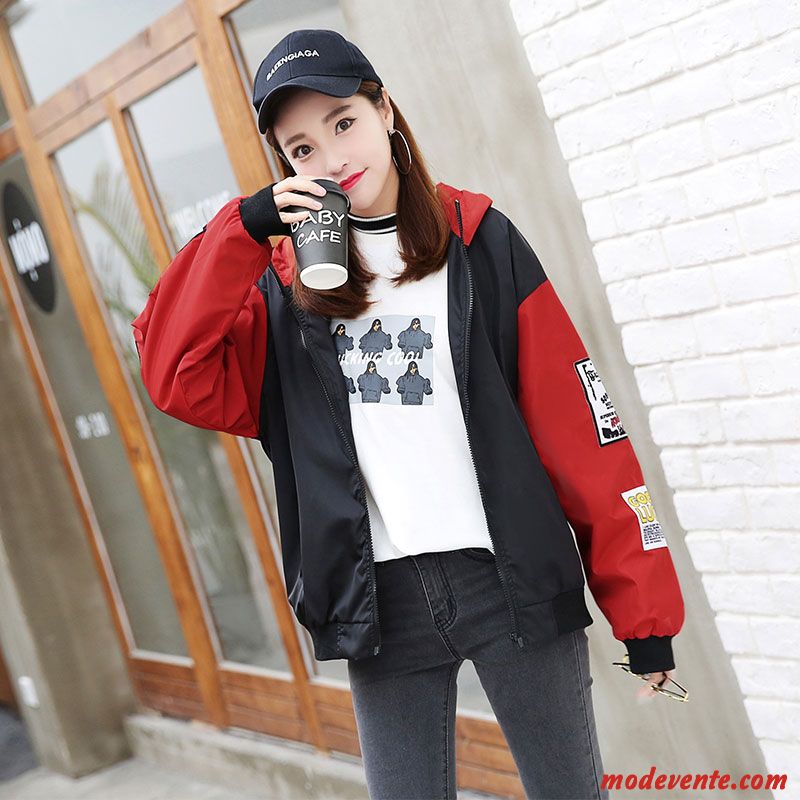 Vestes Femme Tendance Vêtements De Baseball Manteau Étudiant L'automne Capuche Couleurs Mixtes Noir Rouge