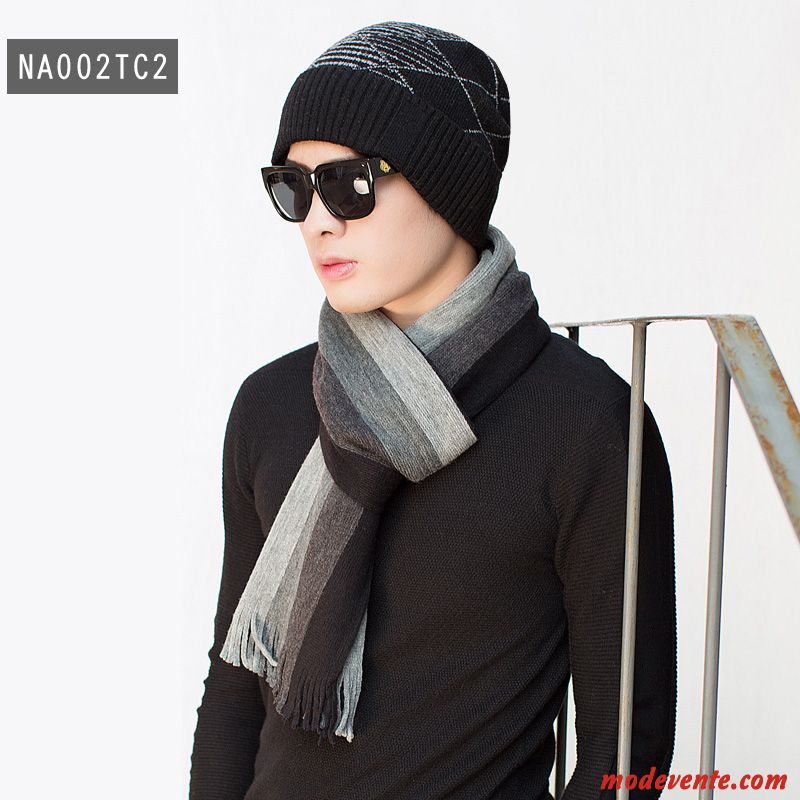 Écharpe Homme Jeune Bonnet De Laine Tricot Collier Ensemble Hiver Noir