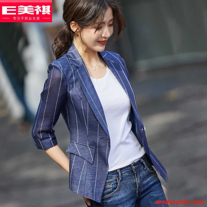 Blazer Femme Britanique Veste De Costume Une Veste Été Rayé Légère Bleu