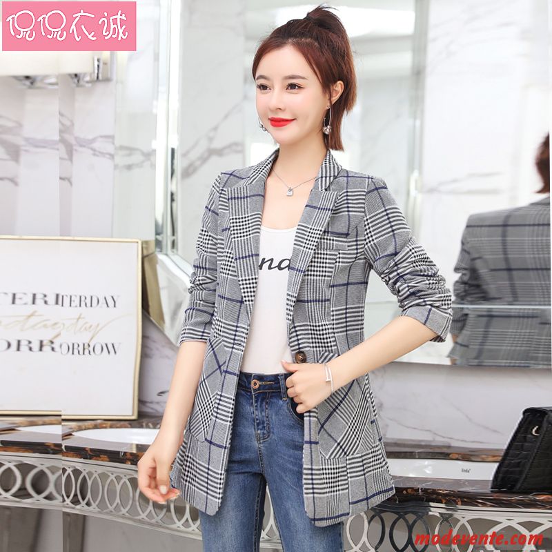 Blazer Femme Décontractée Longues Veste De Costume Une Veste Carreaux Printemps Rouge Gris