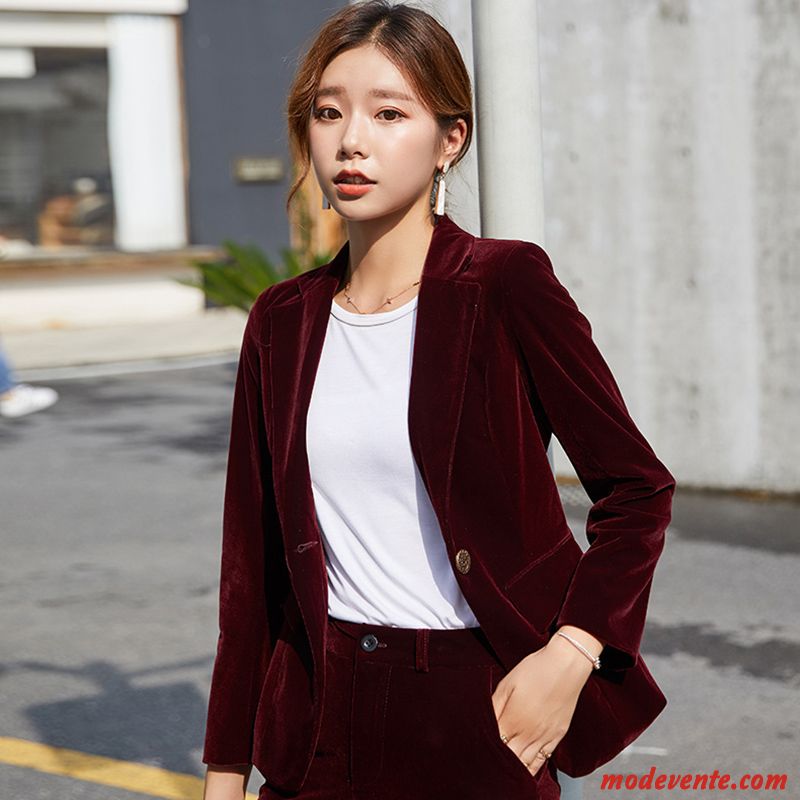 Blazer Femme Ensemble Printemps Costume Veste De Costume Tempérament Velours Bordeaux Or