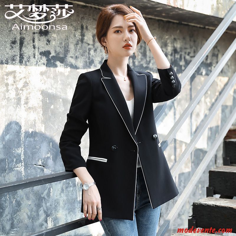 Blazer Femme L'automne Dame Décontractée Tempérament Nervurées Mince Blanc Noir