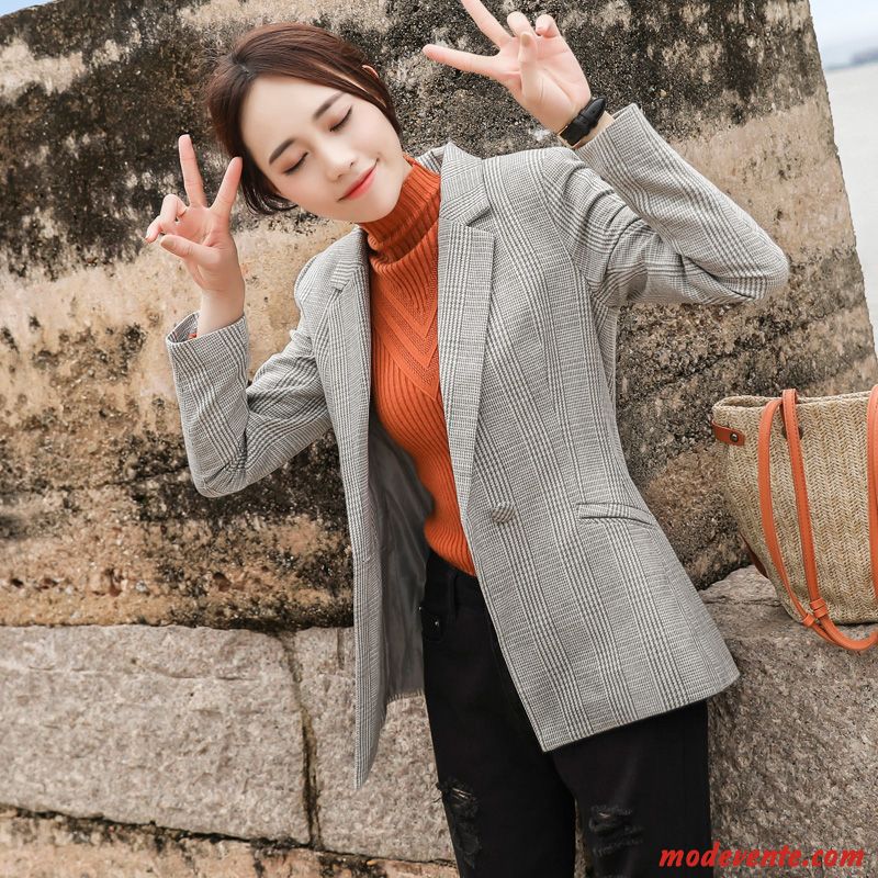 Blazer Femme Longues Professionnel Carreaux Mode Manteau Costume Gris Clair