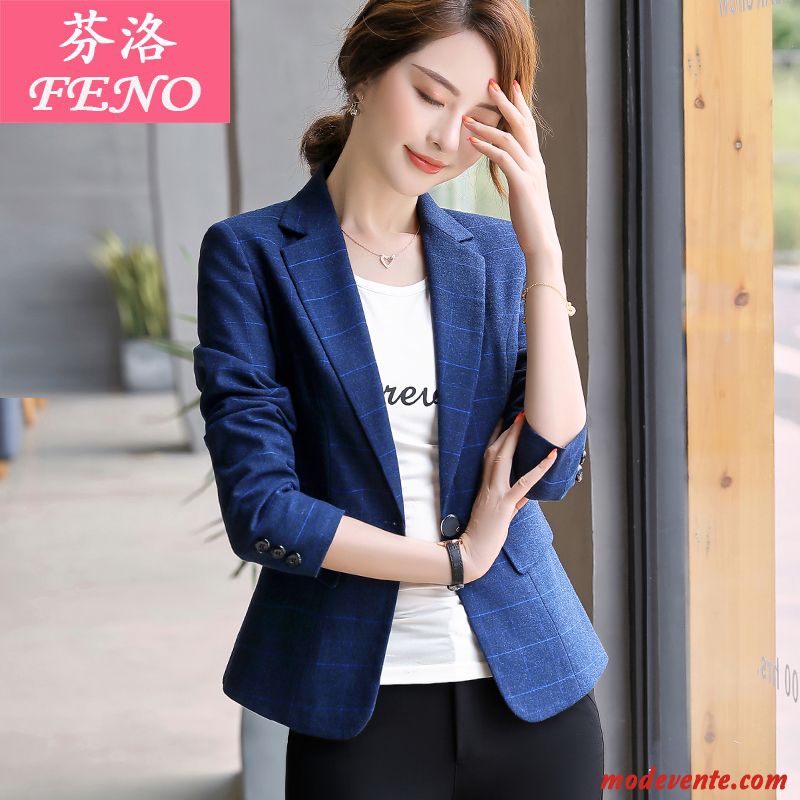 Blazer Femme Mode Décontractée Court L'automne Carreaux Printemps Bleu