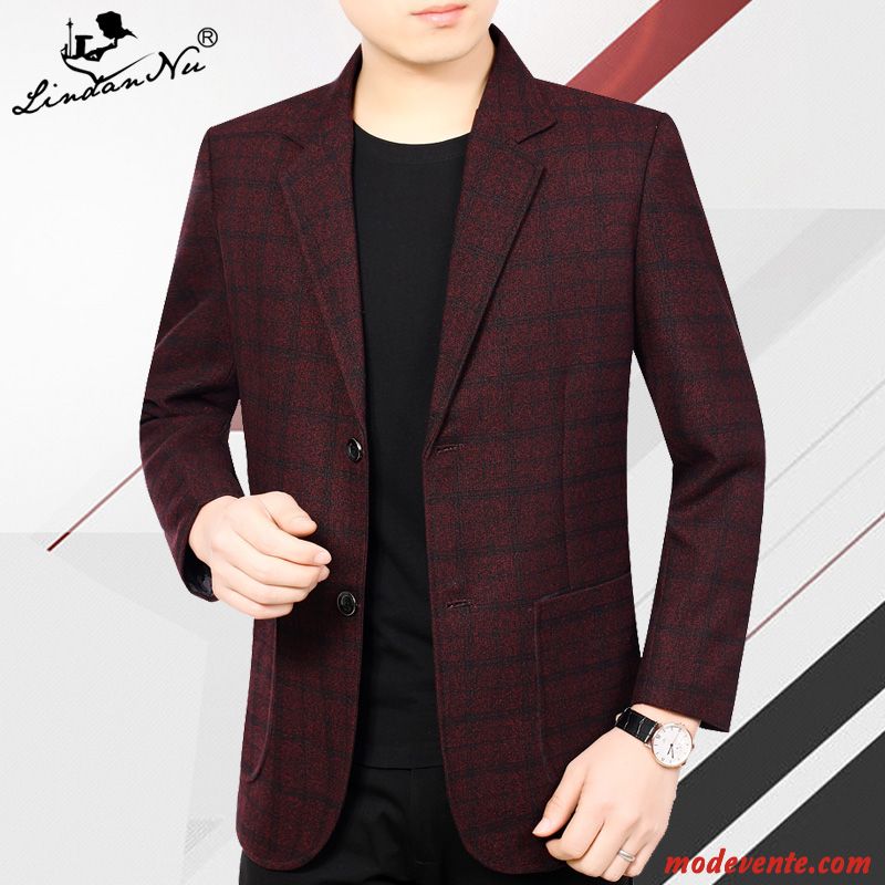 Blazer Homme Carreaux Manteau Britanique Slim Âge Moyen Costume Rouge