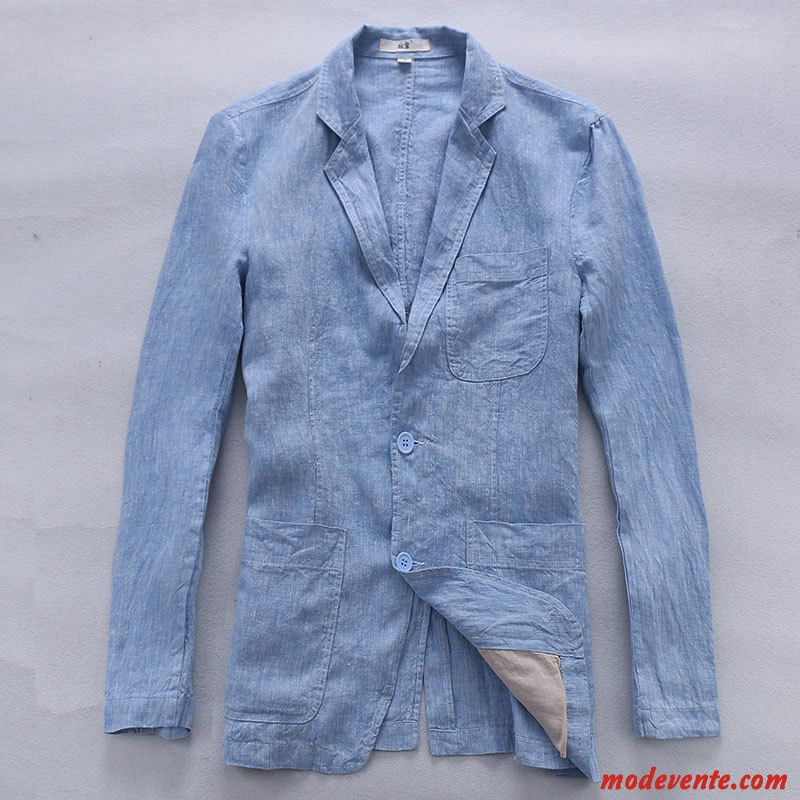 Blazer Homme Coton Et Lin De Travail Décontractée Costume Respirant Baggy Bleu