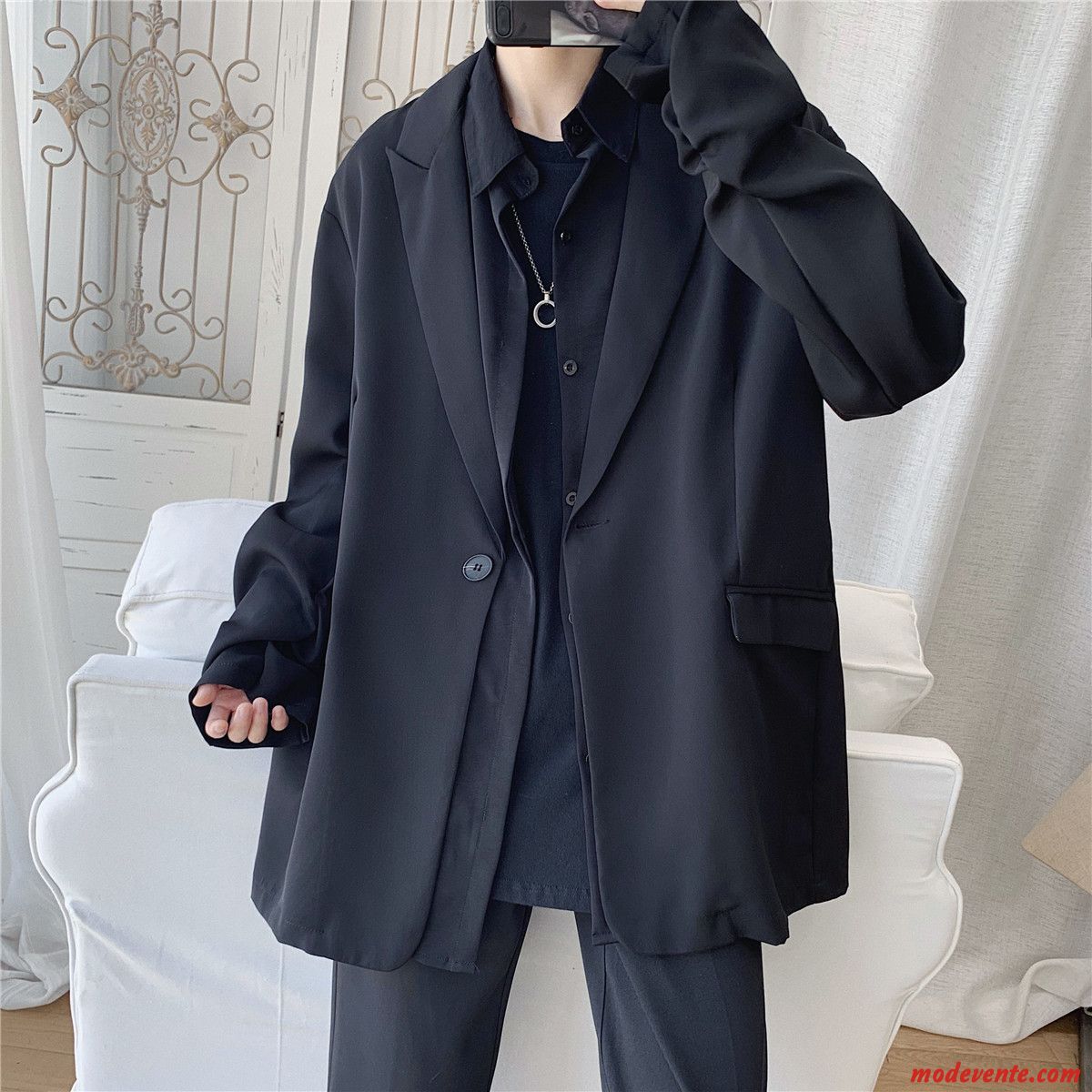 Blazer Homme Décontractée Baggy Costume L'automne Une Boucle Beau Pure Noir