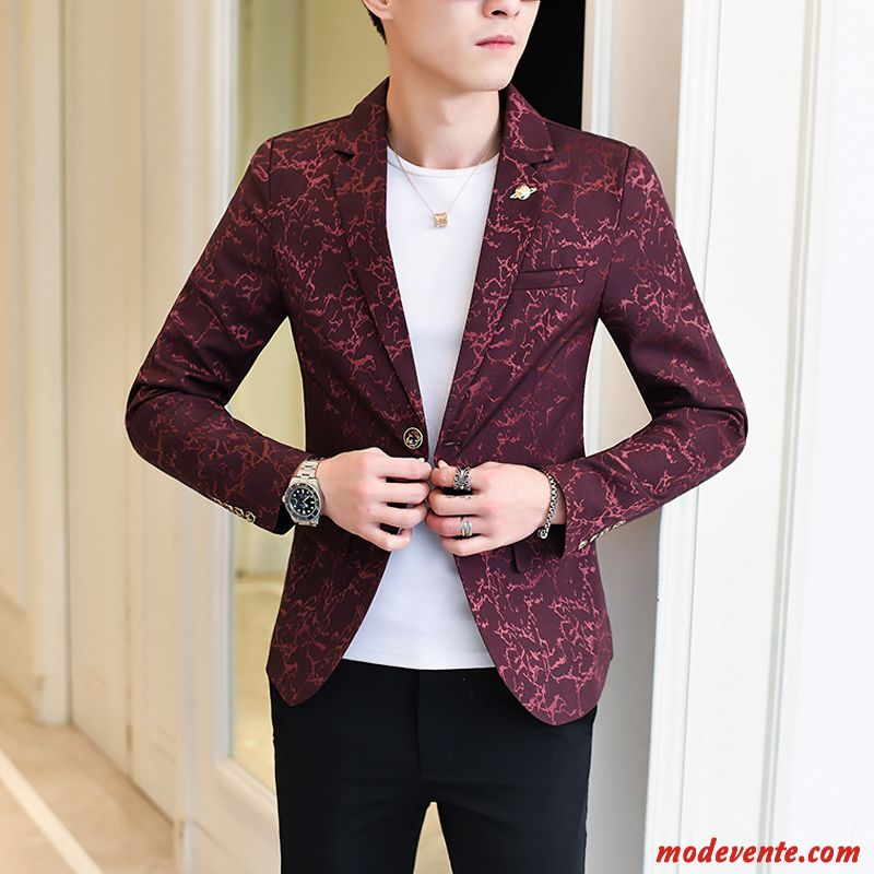 Blazer Homme Slim Décontractée Tendance Costume Beau Manteau Bordeaux Impression