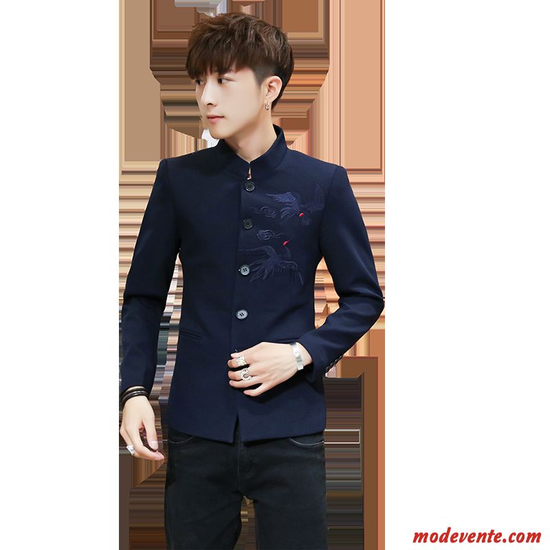 Blazer Homme Style Chinois Petit Costume L'automne Col Mandarin Slim Manteau Bleu