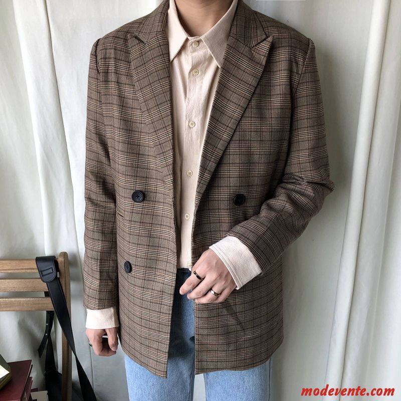 Blazer Homme Vérifier Carreaux Rétro Gros Costume L'automne Vrac Brun