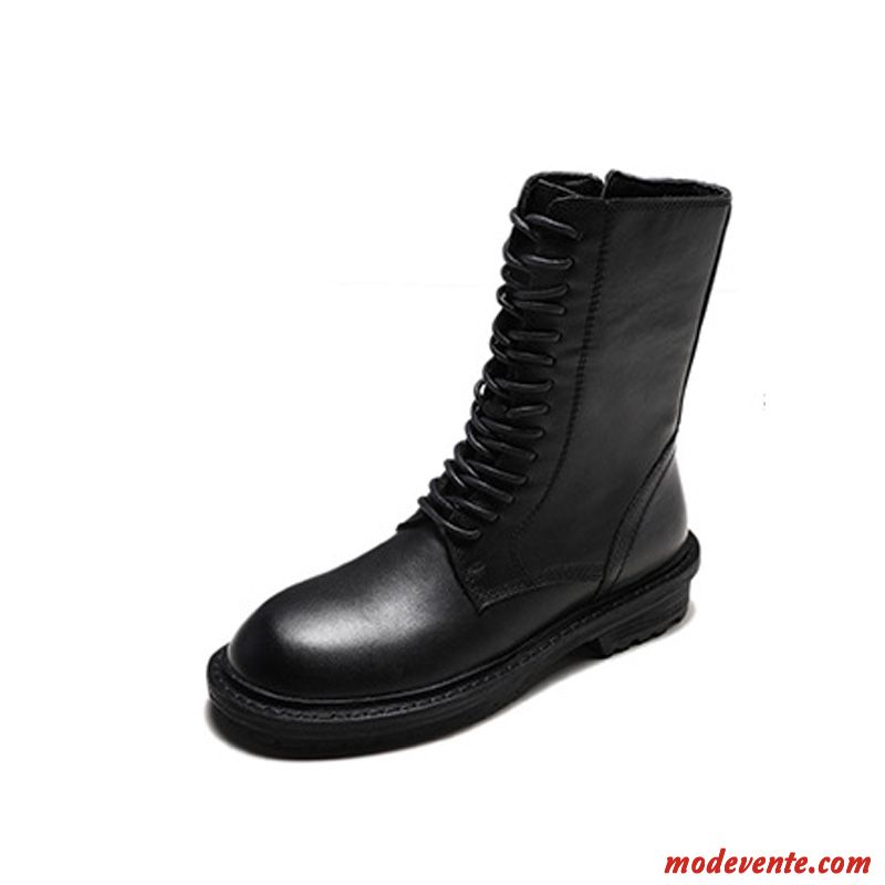 Bottes Femme Bottes Chevalier Rétro Plus De Velours Milieu Hautes Bottes Martin Noir