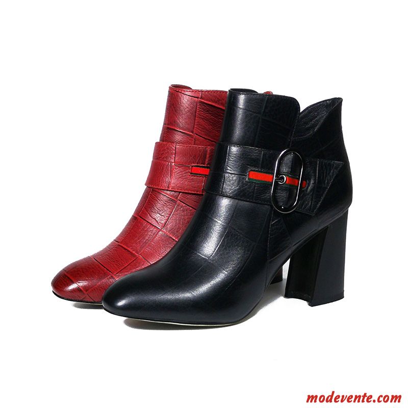 Bottes Femme Cuir Véritable Angleterre Hiver Talons Hauts Épais L'automne Bordeaux Noir