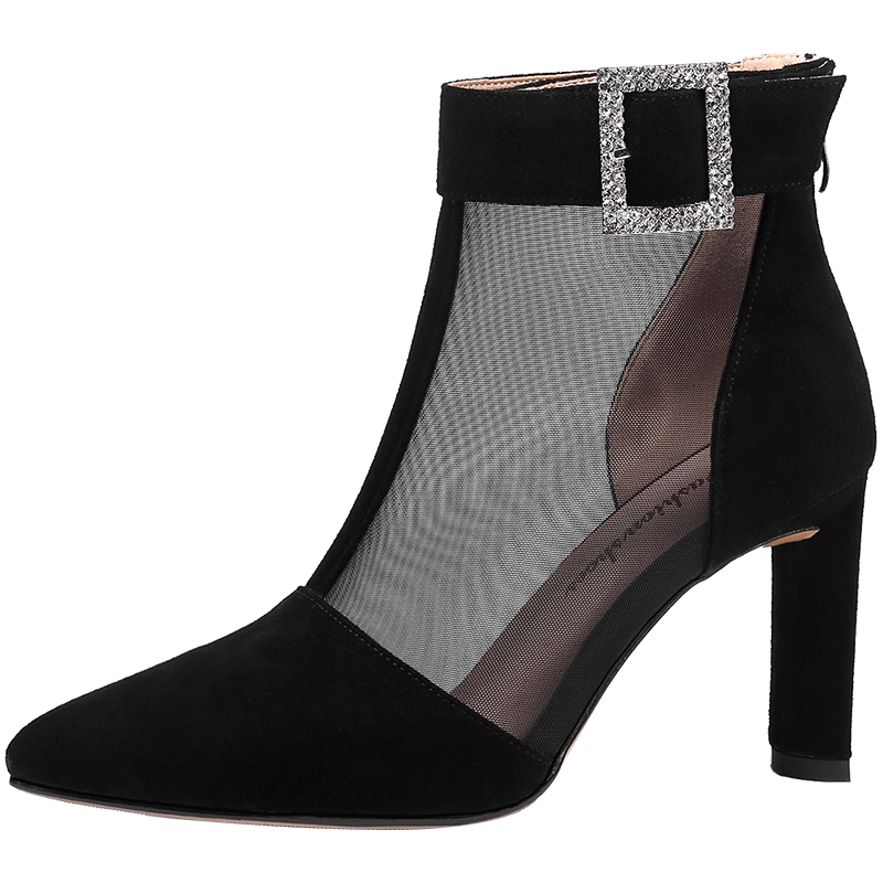 Bottes Femme Cuir Véritable Escarpins Printemps Pointe Pointue Épais Yarn Net Noir