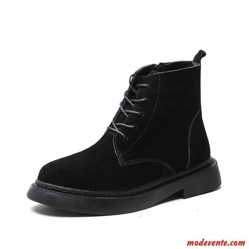 Bottes Femme Plates Plus De Velours Chaussures En Coton Étudiant Bottes Martin Angleterre Noir