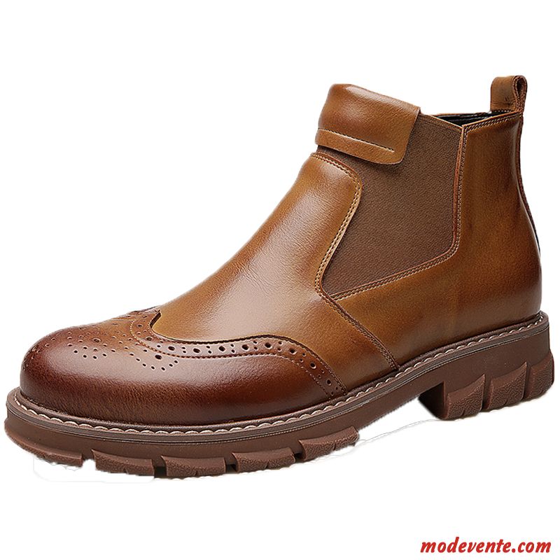 Bottes Homme Bottes Martin Cuir Véritable Fleur Angleterre Rétro Slip-on Marron