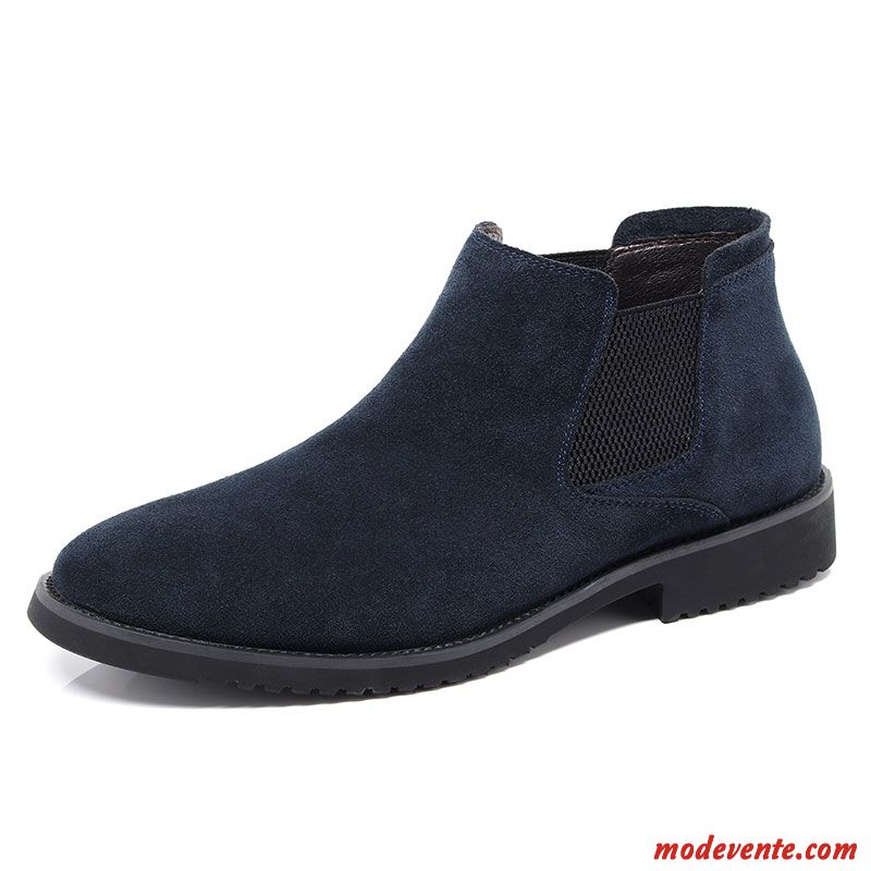 Bottes Homme Hautes Délavé En Daim Plus De Velours Bottes Martin Tendance Chaussures En Cuir Bleu Marin