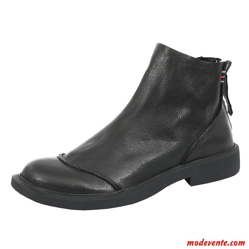 Bottes Homme Mode Cuir Véritable Fermeture Éclair Hiver Bout Rond En Cuir Noir