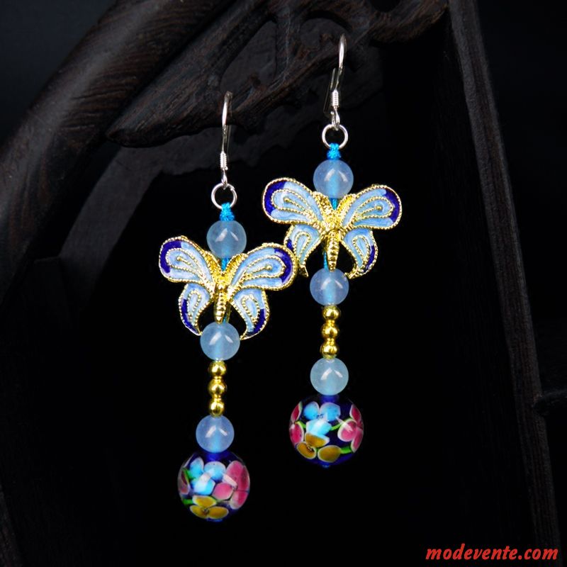 Boucles D'oreilles Femme Ultra Papillon Milieu Printemps Rétro Folk-custom Bleu Argent